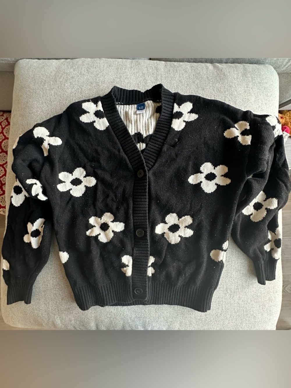 Old Navy Black Cardigan with White Floral Pattern